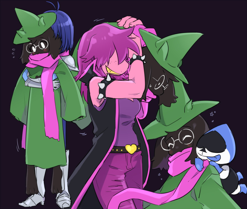 1girl 1other 2boys black_background black_fur blue_hair breasts colored_skin deltarune denim glasses goat_boy green_hat green_vest grin hat horns jeans kris_(deltarune) lancer_(deltarune) leftporygon long_hair multiple_boys pants pink_hair pink_scarf pink_skin ralsei scarf smile susie_(deltarune) teeth tongue tongue_out vest