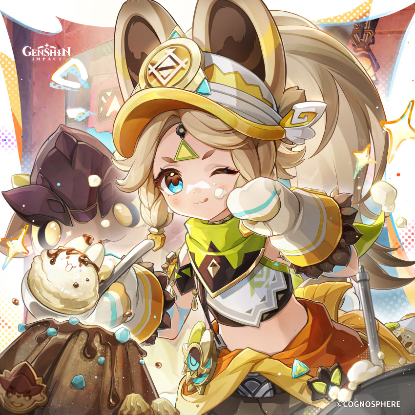 1girl absurdres animal_ears bandana bandana_around_neck blue_eyes body_markings braid brown_hair cake closed_mouth commentary english_commentary food genshin_impact green_bandana hand_up highres kachina_(genshin_impact) long_hair looking_at_viewer midriff mittens official_art one_eye_closed orange_mittens orange_visor smile solo tongue tongue_out visor_cap