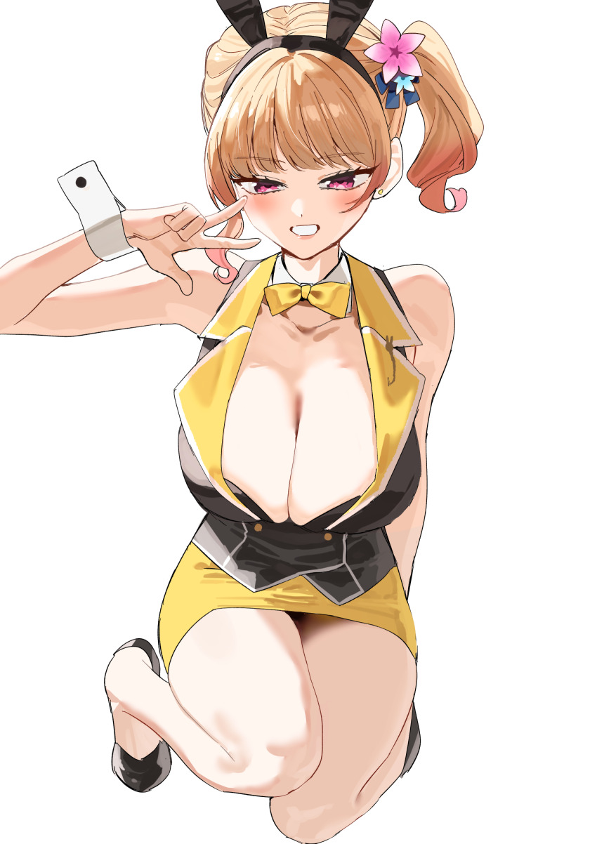 1girl 2l_(2lsize) animal_ears bare_shoulders blonde_hair blush bow bowtie breasts bunny_garden buttons cleavage collared_vest commentary_request double-breasted fake_animal_ears gradient_hair highres hostess kneeling large_breasts looking_at_viewer multicolored_hair nontraditional_playboy_bunny pink_eyes pink_hair rabbit_ears rin_(bunny_garden) side_ponytail simple_background skirt smile solo two-tone_hair v vest white_background wrist_cuffs yellow_bow yellow_bowtie yellow_skirt