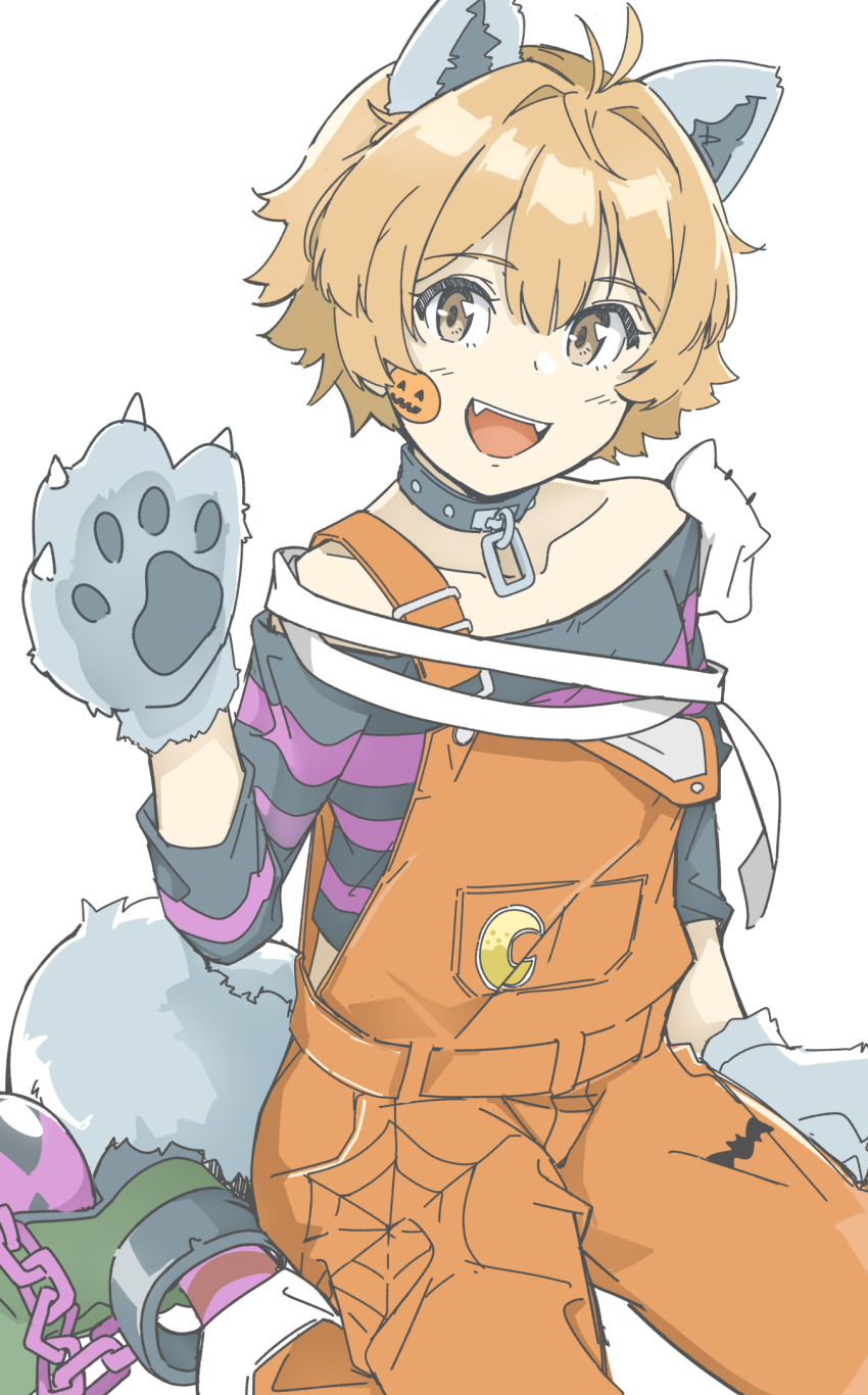 1girl animal_collar animal_ears animal_hands animal_print ball_and_chain_restraint bat_print black_collar brown_eyes brown_hair collar fangs fubupula gloves highres kantai_collection messy_hair oboro_(halloween)_(kancolle) oboro_(kancolle) official_alternate_costume orange_overalls overalls paw_gloves shirt simple_background sitting smile solo spider_web_print sticker_on_face striped_clothes striped_shirt tail wariza white_background wolf_ears wolf_tail
