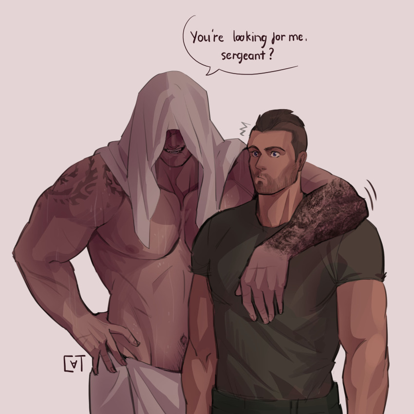 2boys absurdres arm_tattoo asymmetrical_hair bara black_hair call_of_duty call_of_duty:_modern_warfare_2 english_text ghost_(modern_warfare_2) green_pants green_shirt hand_on_own_hip highres large_pectorals male_focus multiple_boys muscular muscular_male navel nipples pants pectorals shirt short_hair sidecut smile soap_(modern_warfare_2) sundaycat3 tattoo towel towel_around_waist towel_on_head undercut yaoi