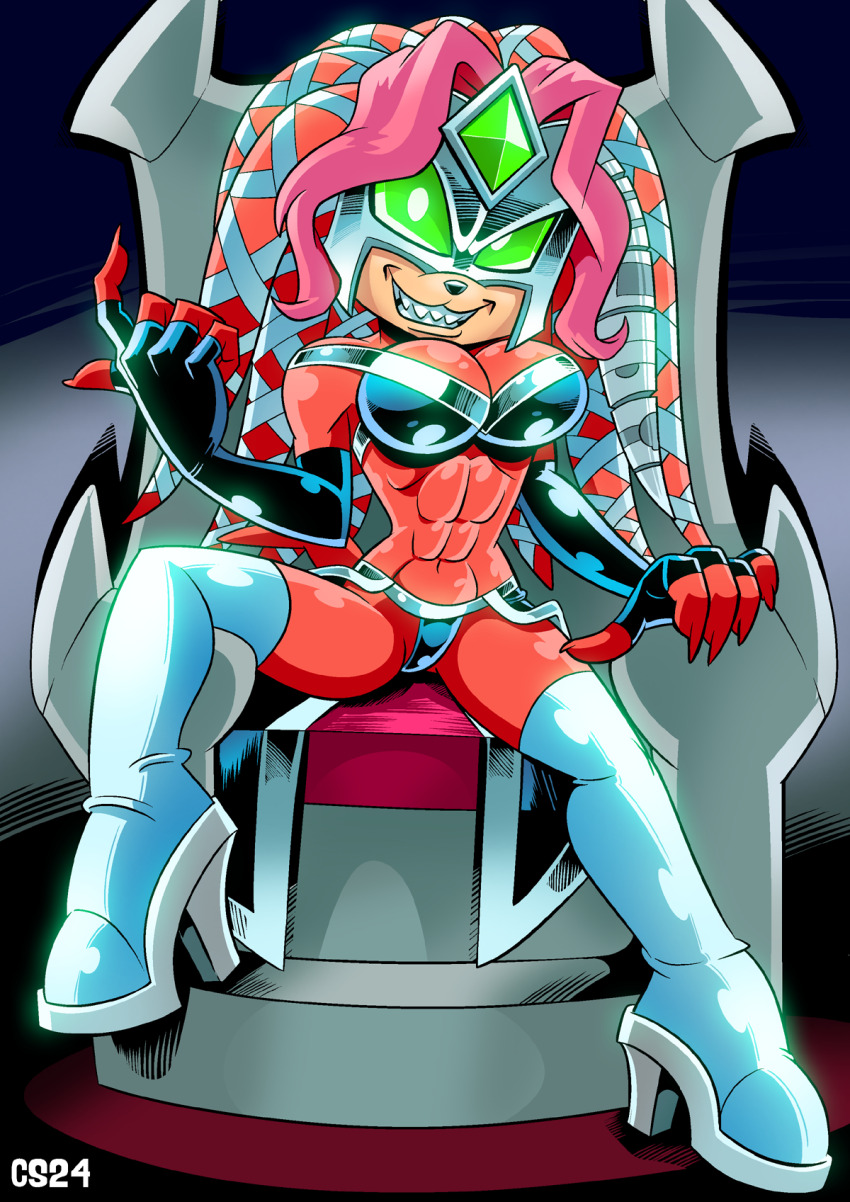 1girl abs alternate_costume alternate_eye_color armor aura beckoning boots breasts chair cleavage colored_sclera commentary corruption curtsibling dark_persona elbow_gloves enerjak_(sonic) english_commentary evil_grin evil_smile fingerless_gloves forehead_jewel gem gloves green_gemstone green_sclera grin high_heel_boots high_heels highres large_breasts lien-da long_hair looking_at_viewer mask midriff navel pink_hair possessed possession sega sitting smile sonic_(series) sonic_the_hedgehog_(archie_comics) thighhighs thighs white_eyes