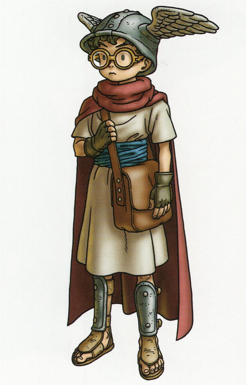 1boy bag black_eyes brown_gloves brown_hair cape dragon_quest dragon_quest_x fingerless_gloves frown full_body glasses gloves helmet highres male_focus official_art red_cape round_eyewear sandals scan shin_guards short_hair shoulder_bag singh_(dq10) solo third-party_source toriyama_akira tunic white_background white_tunic winged_helmet yellow-framed_eyewear