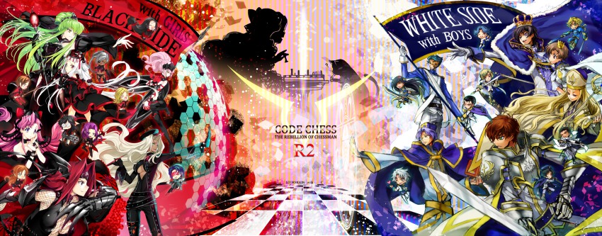 anya_alstreim armor arthur_(code_geass) artist_collaboration asahina_shougo black_hair blonde_hair board_game brown_hair c.c. c_(rahit) cape cecile_croomy checkered_floor chess code_geass cornelia_li_britannia creayus crown dress euphemia_li_britannia floor gauntlets gilbert_g.p._guilford gloves green_eyes green_hair headband highres jeremiah_gottwald king kouzuki_kallen kururugi_suzaku lelouch_vi_britannia li_xingke lloyd_asplund long_hair long_image milly_ashford multiple_boys multiple_girls nina_einstein nunnally_vi_britannia pink_hair purple_eyes queen rahit rai_(code_geass) rakshata_chawla red_eyes red_hair rolo_lamperouge schneizel_el_britannia shirley_fenette short_hair sumeragi_kaguya sword tianzi toudou_kyoushirou v.v. villetta_nu weapon wide_image yellow_eyes