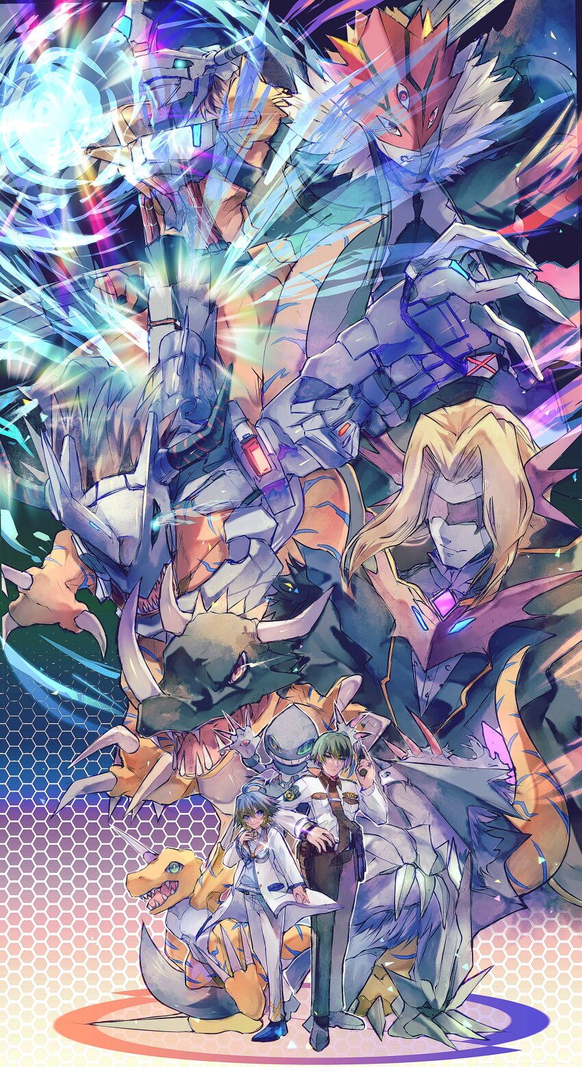 absurdres agumon agumon_x-antibody armor beelzebumon beelzebumon_x-antibody claws digimon digimon_(creature) dracumon evolution greymon_x-antibody highres looking_at_viewer mask metalgreymon metalgreymon_x-antibody necktie sangloupmon sharp_teeth smile teeth tyrannosaurus_rex vamdemon vamdemon_x-antibody wargreymon wargreymon_x-antibody