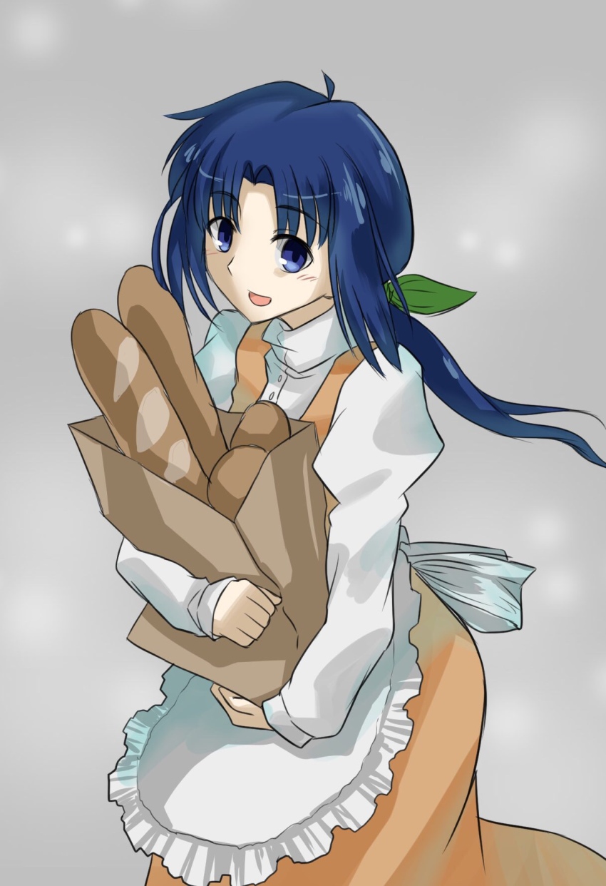 1girl :d apron bag baguette blue_eyes blue_hair blush bread chiizu_ore ciel_(tsukihime) dress elesia food frilled_apron frills green_ribbon highres holding holding_bag open_mouth orange_dress paper_bag ponytail ribbon simple_background smile tsukihime white_apron white_ribbon