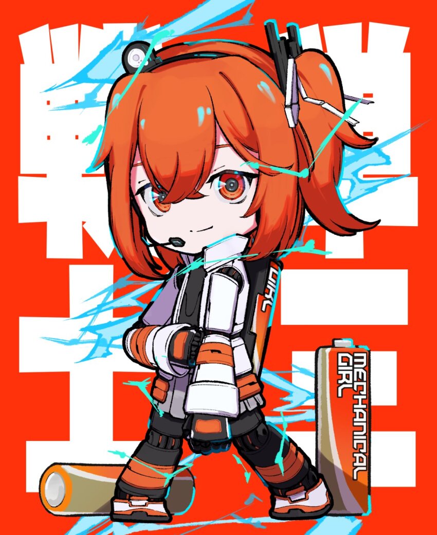 1girl a.i._voice adachi_rei black_hairband black_pantyhose black_shirt chibi chibi_only closed_mouth commentary_request full_body grey_skirt hair_between_eyes hair_ribbon hairband headlamp highres jacket looking_at_viewer microphone open_clothes open_jacket orange_eyes orange_hair pantyhose radio_antenna red_background ribbon shirt shoes side_ponytail skirt smile solo teckinder utau white_jacket white_ribbon white_shoes
