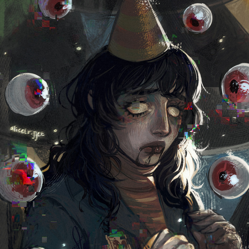 1girl alicetrijjet anya_(mouthwashing) black_hair blood blood_from_mouth blood_on_face blue_jacket closed_mouth death empty_eyes glitch happy_birthday hat highres horror_(theme) jacket mouthwashing party_hat pony_express_uniform portrait red_eyes red_sweater solo sweater