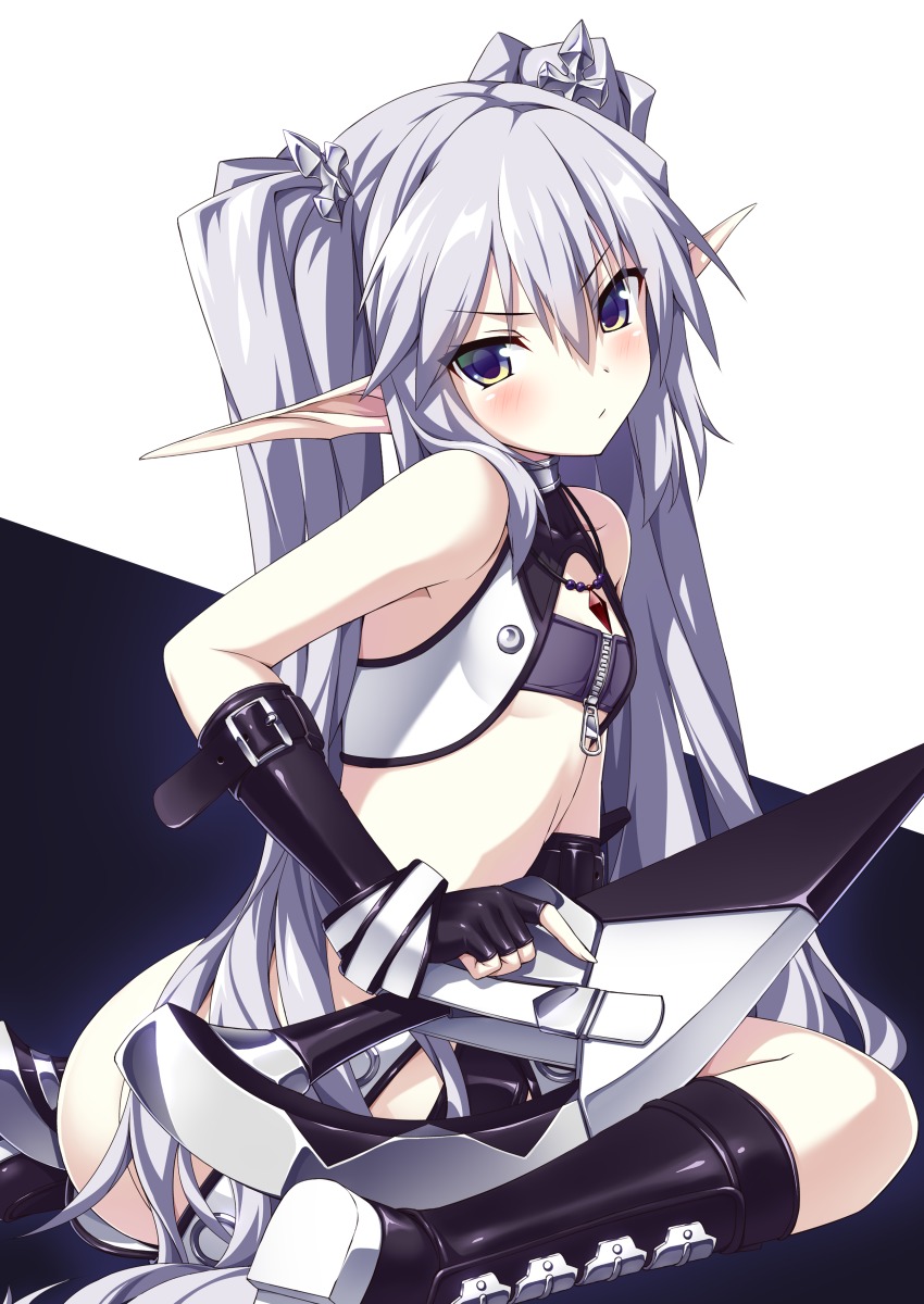 1girl absurdres agarest_senki agarest_senki_(series) arm_strap ass belt black_gloves blush boots breasts cropped_vest elf female_focus fingerless_gloves flat_chest fyuria_(agarest_senki) gloves hair_between_eyes hair_ornament highres holding holding_sword holding_weapon jewelry knee_boots long_hair long_pointy_ears necklace pale_skin pointy_ears pout purple_eyes sidelocks silver_hair sitting small_breasts solo sword tsundere twintails ugume very_long_hair vest wariza weapon zipper