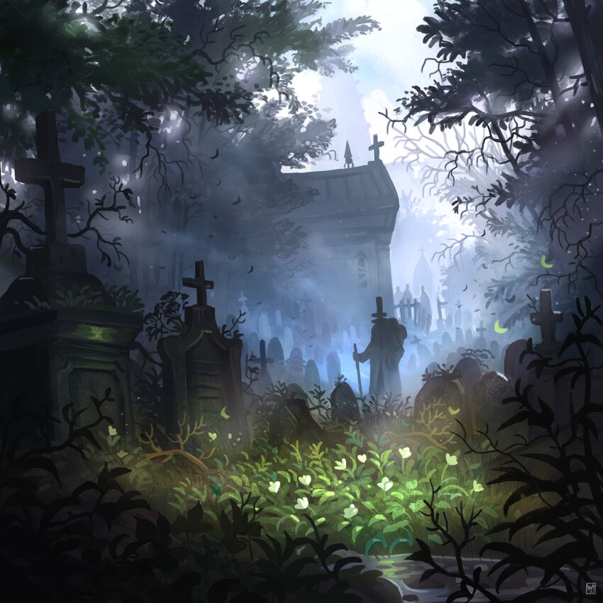 1boy artist_logo backpack bag blue_sky branch building cane cloud commentary day english_commentary flower fog foliage forest grass grave graveyard hat highres hiking holding leaf logo nature original outdoors plant rock ruins scenery sky solo sunlight tombstone top_hat tree waltjan water white_flower
