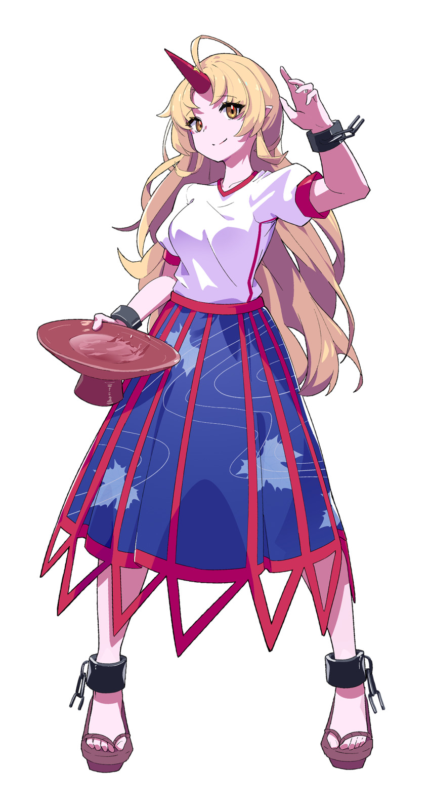 1girl artist_request blonde_hair blue_skirt breasts chain closed_mouth commentary_request cuffs cup full_body highres holding holding_cup horns hoshiguma_yuugi leaf_print long_hair looking_at_viewer maple_leaf_print mixed-language_commentary multicolored_skirt oni pointy_ears print_skirt psd_available puffy_short_sleeves puffy_sleeves red_horns sakazuki sandals second-party_source shackles shirt short_sleeves single_horn skirt smile solo tachi-e touhou transparent_background very_long_hair white_shirt yellow_eyes