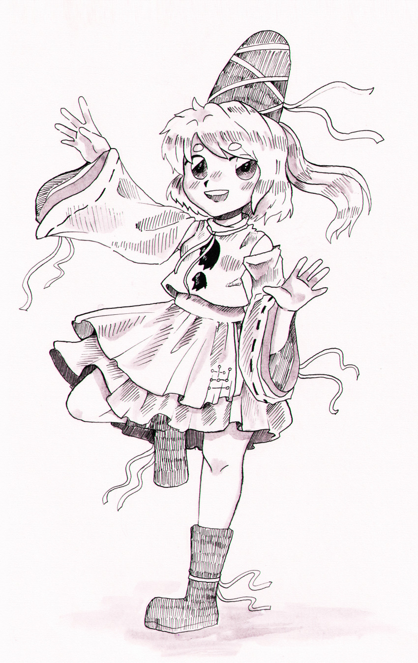 1girl absurdres detached_sleeves dungeon_toaster full_body greyscale hat hat_ribbon highres medium_hair monochrome mononobe_no_futo open_mouth ribbon ribbon-trimmed_sleeves ribbon_trim shirt shoes skirt sleeveless sleeveless_shirt solo standing standing_on_one_leg tate_eboshi teeth touhou traditional_media upper_teeth_only vest wide_sleeves