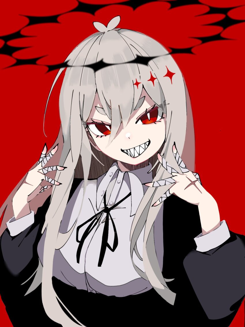 0_onibi 1girl antenna_hair bandaged_fingers bandages black_halo black_ribbon breasts bright_pupils buttons collared_shirt dress_shirt eyelashes eyes_visible_through_hair gekiyaku grey_hair grin hair_between_eyes halo hands_up highres long_hair long_sleeves looking_at_viewer medium_breasts neck_ribbon red_background red_eyes ribbon sharp_teeth shirt simple_background smile solo stigmata teeth tsurime utau v-shaped_eyebrows white_pupils white_shirt