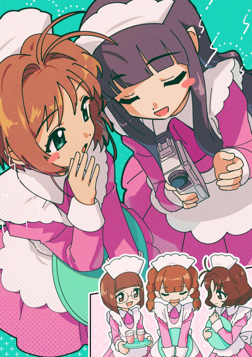 5girls absurdres apron black_hair blush_stickers brown_hair camera cardcaptor_sakura closed_eyes daidouji_tomoyo dress glasses green_eyes highres holding holding_camera holding_tray kinomoto_sakura long_hair looking_at_another maid maid_headdress mihara_chiharu multiple_girls nzeneee pink_dress sasaki_rika short_hair smile tray twintails white_apron yanagisawa_naoko