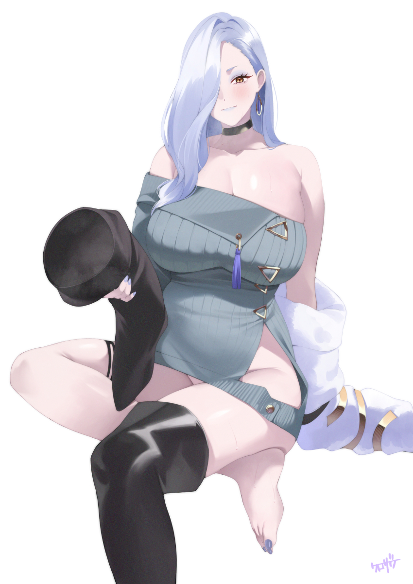 1girl absurdres bare_shoulders barefoot black_boots black_choker boots breasts brown_eyes choker closed_mouth collarbone duplicate earrings fate/grand_order fate_(series) hair_over_one_eye highres holding holding_boots holding_footwear holding_unworn_clothes huge_breasts jewelry kurozawa_yui long_hair looking_at_viewer mrs._snake_(fate) nail_polish no_panties off_shoulder one_eye_covered pixel-perfect_duplicate purple_nails sitting smile solo thigh_boots thigh_strap thighs toenail_polish toenails toes unworn_boots