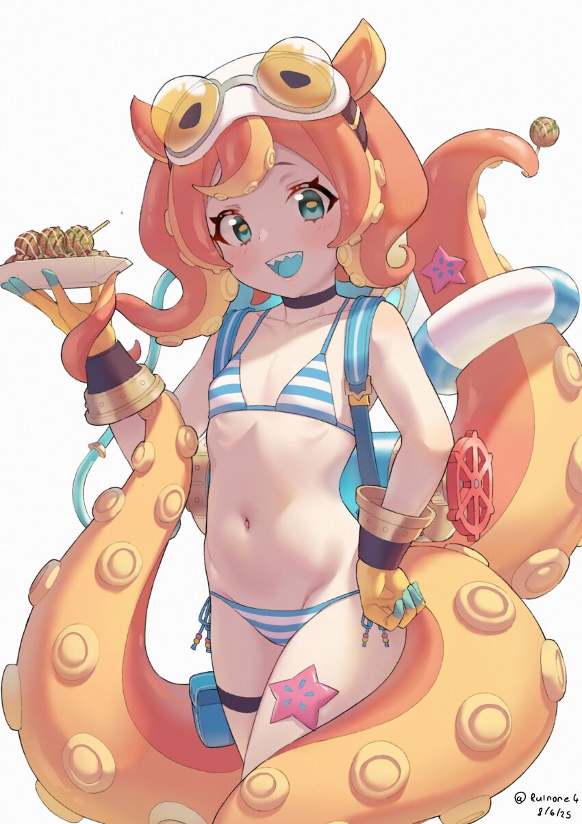 1girl absurdres artist_name bikini blue_bikini blue_eyes dated food highres holding holding_plate innertube looking_at_viewer navel open_mouth orange_hair plate princess_connect! ruinone rurui_(princess_connect!) sharp_teeth short_hair signature simple_background solo striped_bikini striped_clothes swim_ring swimsuit takoyaki teeth tentacle_girl tentacle_hair upper_teeth_only white_background