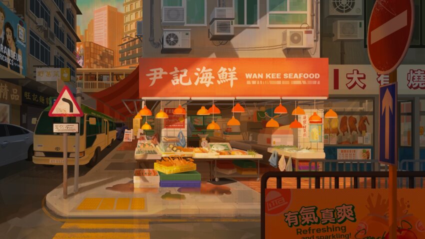 absurdly_detailed_composition architecture awning billboard building bus car chinese_text city cityscape complex_exterior crosswalk dawn hanging_food highres hong_kong huiioper intersection market morning motor_vehicle no_entry_sign no_humans original outdoors pavement power_lines railing road road_sign scenery shop sidewalk sign street sunlight traffic wide_shot
