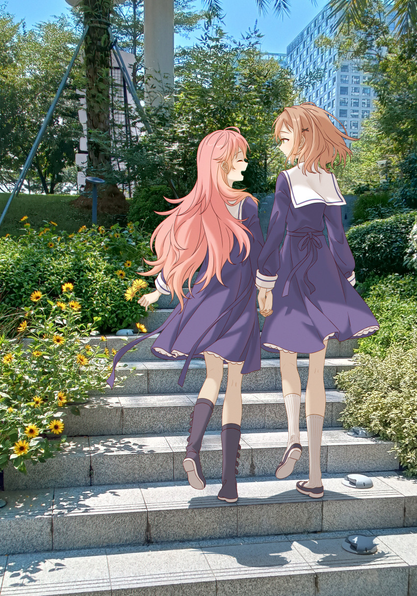 2girls absurdres black_boots black_shoes boots brown_hair building bush closed_eyes commentary day dress flower highres holding_hands innoarukugyou interlocked_fingers kagari_mimi kimi_ga_shinu_made_koi_wo_shitai knee_boots long_hair medium_hair multiple_girls open_mouth outdoors photo_background pink_hair purple_dress sailor_collar school_uniform shoes smile socks totsuki_shiina white_sailor_collar white_socks yellow_flower yuri