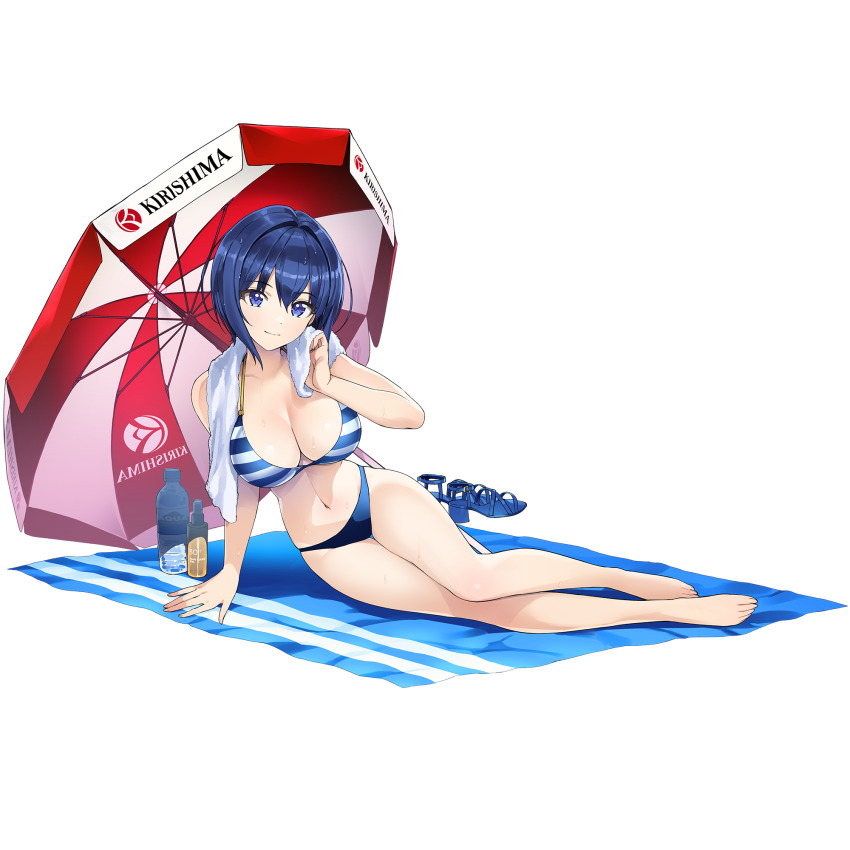 1girl arm_support barefoot beach_towel beach_umbrella bikini blue_bikini blue_eyes blue_hair breasts cleavage closed_mouth dolphin_wave full_body highres large_breasts leaning_to_the_side looking_at_viewer navel official_art sandals short_hair sitting smile solo striped_bikini striped_bikini_top striped_clothes swimsuit tojou_michiru towel towel_around_neck transparent_background umbrella unworn_sandals yokozuwari