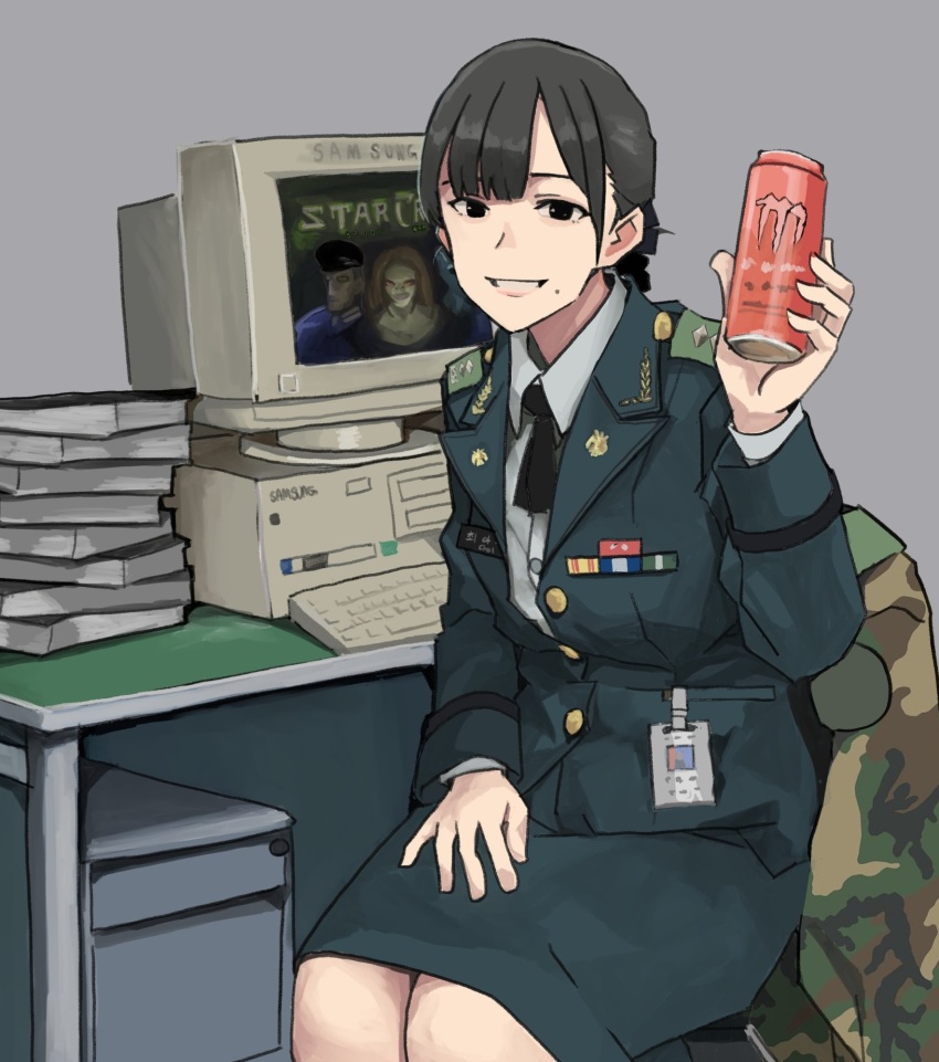 1girl at_computer badge black_eyes black_hair book breasts buttons camouflage camouflage_jacket can collared_shirt commentary_request computer computer_keyboard crt desk energy_drink epaulettes grey_background hair_between_eyes happy highres jacket korean_text long_sleeves looking_at_viewer medium_breasts medium_hair military military_dress_uniform military_uniform monitor monster_energy name_tag open_mouth original playing_games republic_of_korea_army ribbon_bar samsung shirt simple_background sitting skirt smile solo starcraft unbuttoned wani_(perfect_han) white_shirt