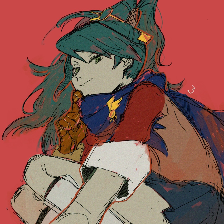 1girl ace_attorney ace_attorney_investigations bad_id bad_pixiv_id black_hair blue_scarf green_eyes highres kay_faraday looking_at_viewer red_background rooom38 scarf solo_focus