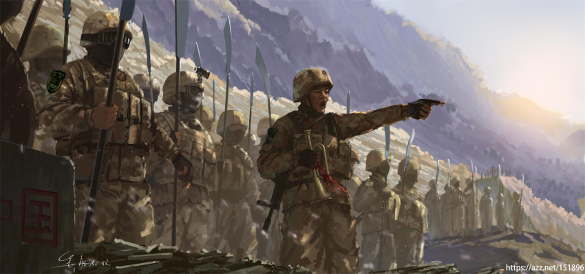 6+boys baklava bugle camouflage digital_camouflage goggles guan_dao helmet highres holding holding_instrument holding_polearm holding_weapon instrument load_bearing_vest mountain multiple_boys original patch people&#039;s_liberation_army pointing polearm shouhui_lang_qun shoulder_patch signature standing weapon