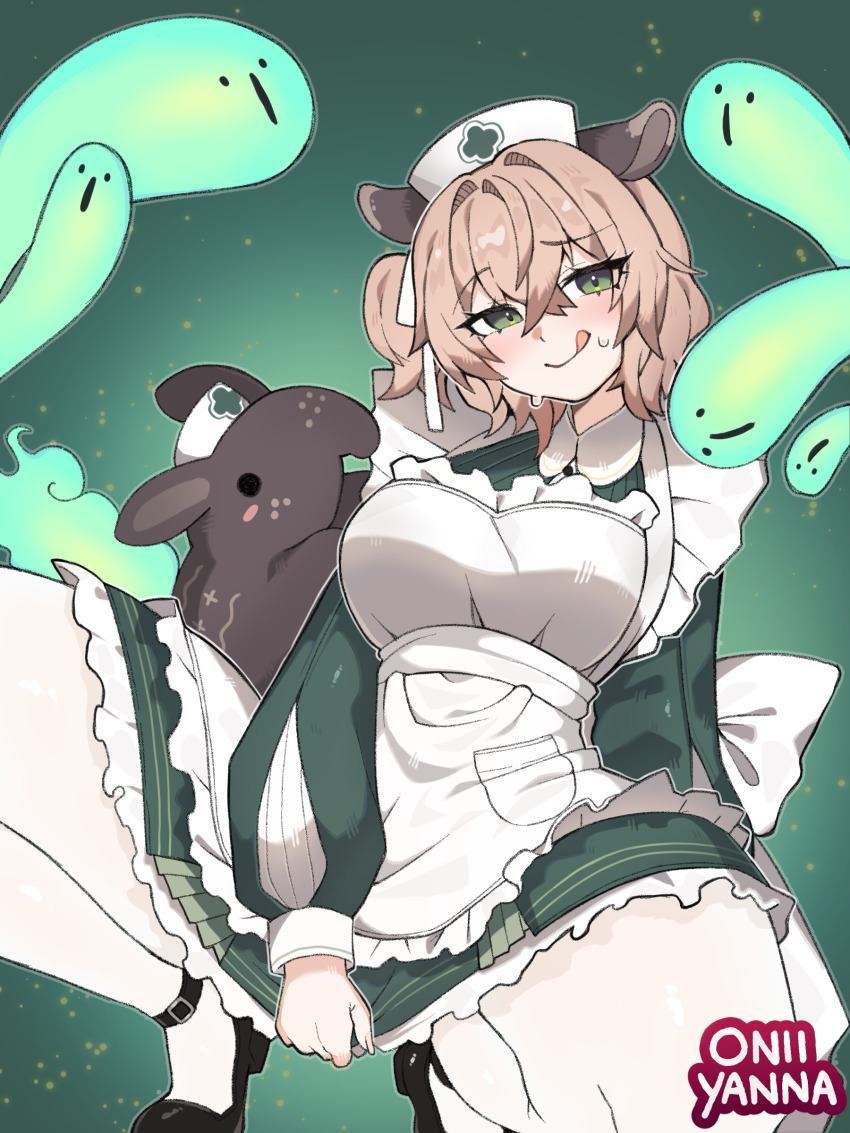 1girl :q absurdres animal_ears apron blonde_hair breasts collared_dress contrast_collar crossed_bangs double-parted_bangs dress frilled_apron frilled_dress frills green_background green_dress green_eyes hair_between_eyes hair_ribbon hat high_heels highres indie_virtual_youtuber large_breasts long_sleeves looking_at_viewer naplings_(nimi_nightmare) nimi_nightmare nimi_nightmare_(1st_costume) nimi_nightmare_(tapir) nurse_cap one_side_up oniyanna pumps ribbon round_collar short_hair simple_background sleeve_cuffs solo squatting tapir_ears tapir_girl thighhighs tongue tongue_out virtual_youtuber white_apron white_hat white_ribbon white_thighhighs
