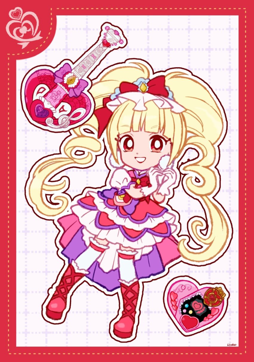 1girl aisaki_emiru bag_bow blonde_hair blunt_bangs boots border bow bowtie bright_pupils brooch collared_shirt cure_macherie deformed dotted_line dress drill_hair earrings electric_guitar eyelashes frilled_dress frilled_footwear frilled_socks frills full_body gloves grid_background grin guitar hair_bow heart heart_hands highres hugtto!_precure instrument jewelry lace-up_boots large_earrings lipstick long_hair magical_girl makeup mascara medium_dress outline over-kneehighs pink_bag pom_pom_(clothes) pom_pom_earrings precure puffy_short_sleeves puffy_sleeves red_boots red_border red_bow red_bowtie red_dress red_eyes red_lips shirt short_sleeves signature smile socks solo tareme thighhighs train_(clothing) twin_drills twintails two-tone_bag uwded_207 very_long_hair waist_bag white_background white_bag white_gloves white_outline white_pupils white_sleeves white_socks