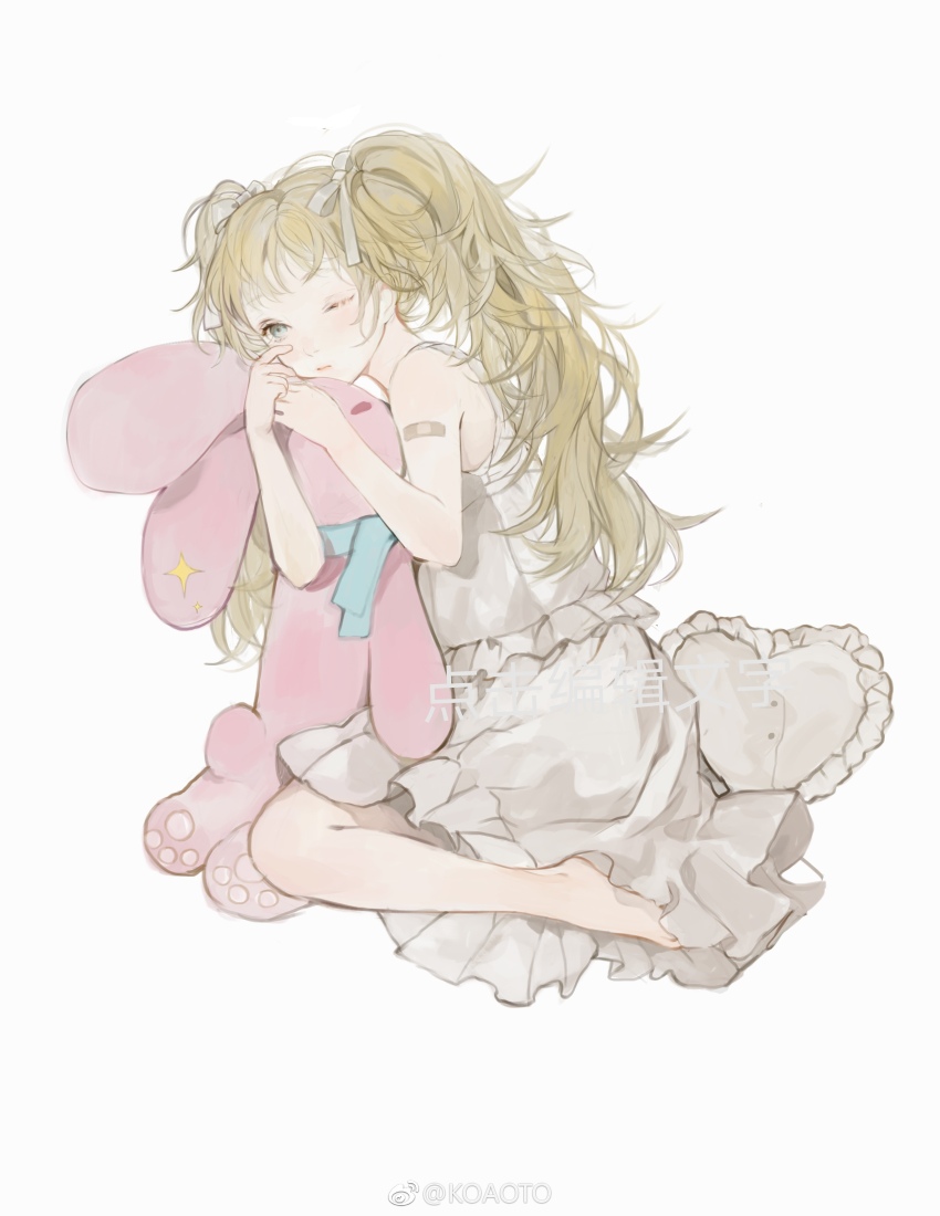 1girl absurdres bandaid bandaid_on_shoulder bare_arms bare_shoulders barefoot blonde_hair bow chinese_commentary closed_mouth commentary_request commission frilled_shirt frilled_sleeves frills full_body green_eyes hair_bow heart heart-shaped_pillow highres holding holding_stuffed_toy hugging_object kneeling koaoto light_blush lips long_hair looking_ahead medium_skirt messy_hair one_eye_closed original pillow pink_lips rubbing_eyes sample_watermark shirt simple_background skirt sleepy sleeveless sleeveless_shirt solo stuffed_animal stuffed_rabbit stuffed_toy twintails watermark weibo_watermark white_background white_bow white_shirt white_skirt