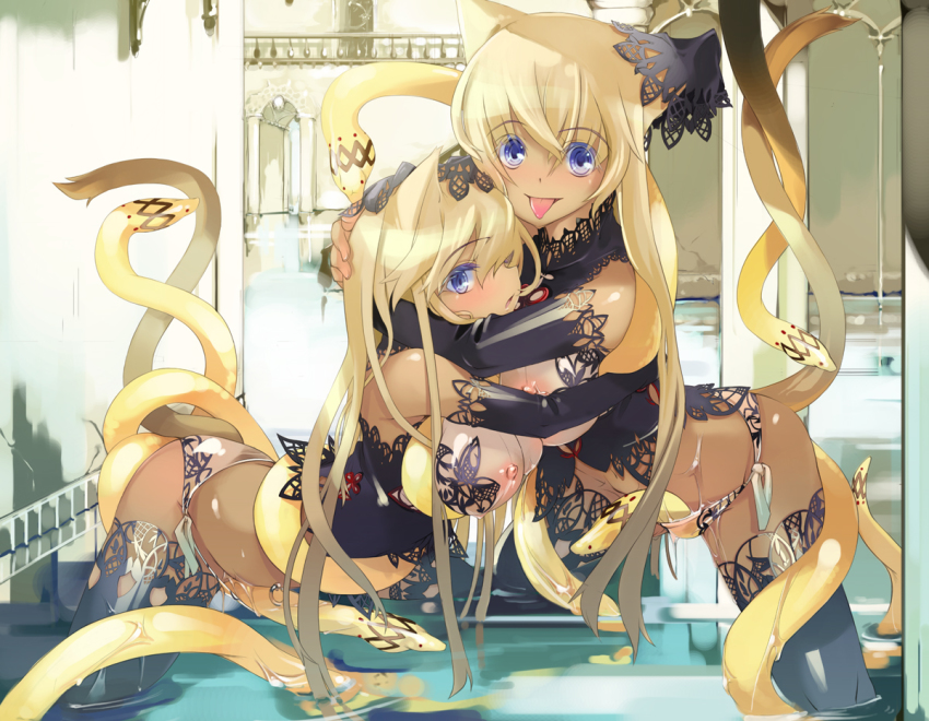 2girls :p animal_ears arched_back bare_shoulders black_thighhighs blonde_hair blue_eyes breasts bustier cat_ears cat_tail colored_eyelashes detached_sleeves eyelashes hug lace lace-trimmed_legwear lace_panties lace_trim large_breasts lingerie maruku multiple_girls nipples original panties side-tie_panties snake tail tan thighhighs tongue tongue_out underwear underwear_only white_panties yuri