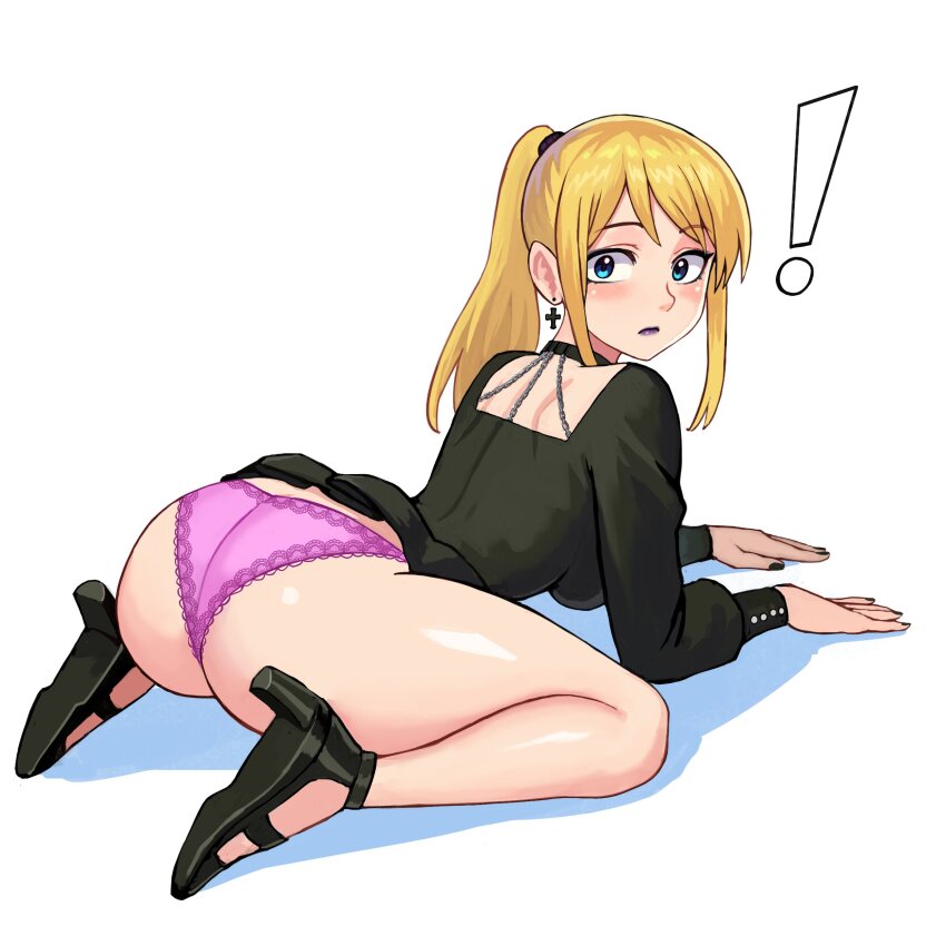 ! 1girl absurdres all_fours ass black_dress black_lips black_nails blonde_hair blue_eyes clothes_lift commentary commission cross cross_earrings dress dress_lift earrings english_commentary from_behind goth_fashion high_heels highres jewelry lipstick long_hair makeup metroid nintendo panties ponytail purple_panties samus_aran simple_background solo underwear watcher_hollow white_background