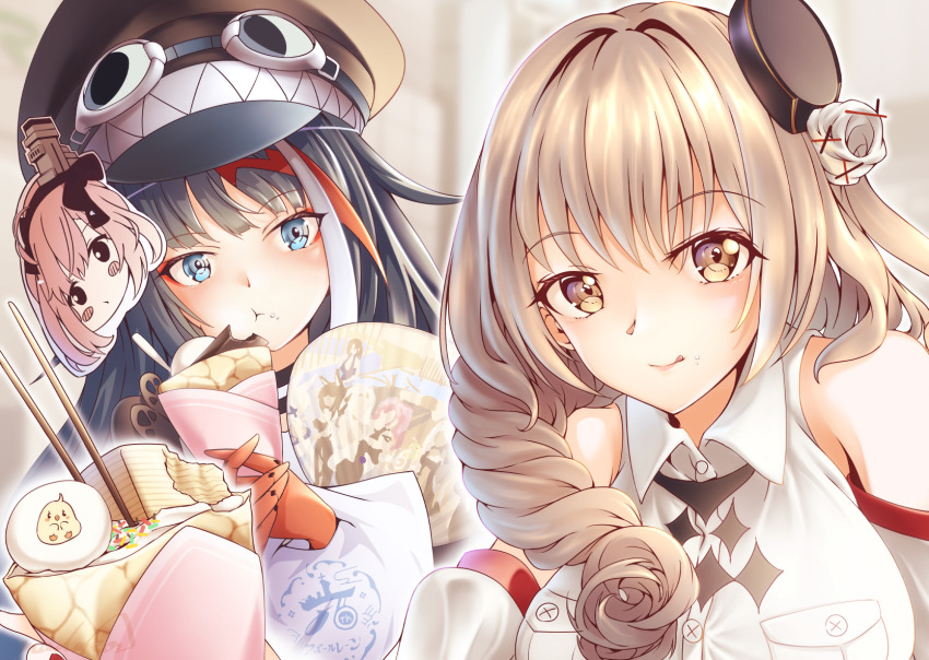 azur_lane steamed_bun black_hair blue_eyes chocolate choker collared_shirt deutschland_(azur_lane) drill_hair drill_sidelocks flower flower_on_head food goggles goggles_on_headwear hat highres ice_cream luetzow_(azur_lane) madakov_kodima manjuu_(azur_lane) mechanical_hands mini_hat mochi multicolored_hair peaked_cap saratoga_(azur_lane) shirt sidelocks sprinkles streaked_hair yellow_eyes