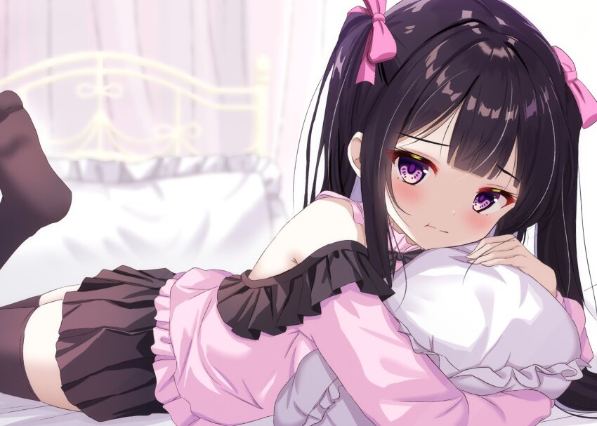 1girl :t backlighting bare_shoulders black_bow black_bowtie black_hair black_skirt black_thighhighs blunt_bangs blush bow bowtie closed_mouth commentary feet_out_of_frame foot_up frilled_pillow frilled_shirt frills hair_bow highres hugging_object indoors jirai_kei long_hair long_sleeves looking_at_viewer lying miniskirt no_shoes off-shoulder_shirt off_shoulder on_bed on_stomach original pillow pillow_hug pink_bow pink_shirt pleated_skirt pout purple_eyes sakura_mikan_(chirizakura) shirt sidelocks skirt solo split_mouth straight_hair the_pose thighhighs twintails zettai_ryouiki