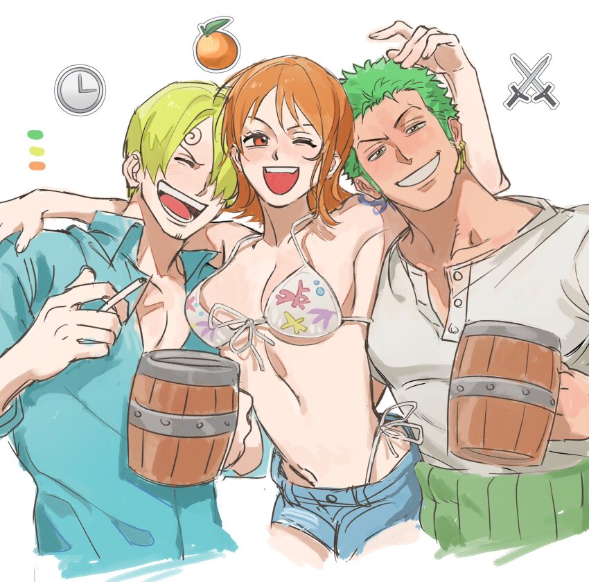 1girl 2boys alcohol analog_clock arm_around_shoulder armpits beer beer_mug bikini bikini_under_clothes blonde_hair blue_shirt blue_shorts blush breasts cigarette cleavage clock closed_eyes collarbone collared_shirt commentary cowboy_shot cup curly_eyebrows denim denim_shorts earrings food front-tie_bikini_top front-tie_top fruit gold_earrings green_hair grin hair_over_one_eye haramaki highleg highleg_bikini highres holding holding_cigarette holding_cup jewelry looking_at_viewer mandarin_orange medium_breasts mug multiple_boys nami_(one_piece) navel one_eye_closed one_piece open_mouth orange_eyes orange_hair print_bikini roronoa_zoro sanji_(one_piece) shirt short_hair short_shorts shorts shoulder_tattoo side-tie_bikini_bottom simple_background smile stomach string_bikini sweetdou3 swimsuit sword symbol-only_commentary tattoo upper_body weapon white_background white_bikini white_shirt