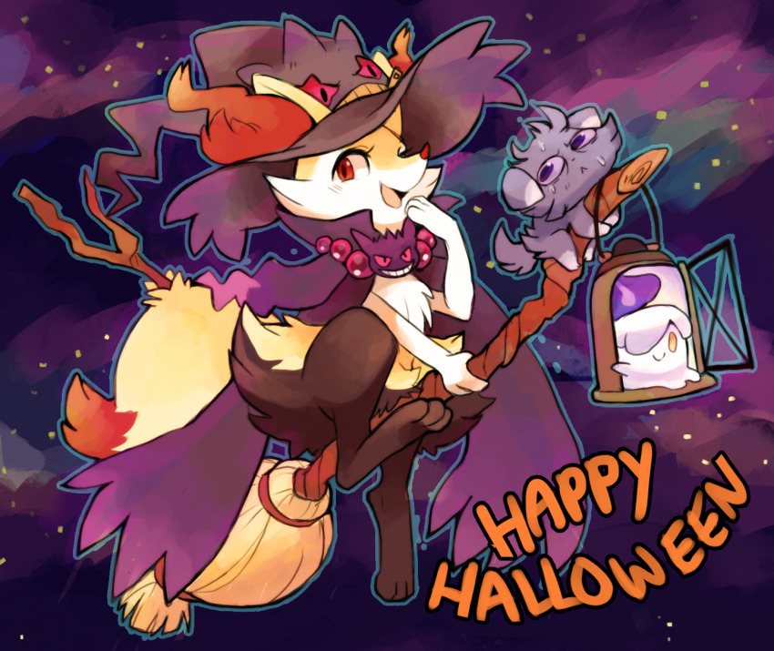1girl :&lt; animal_ear_fluff animal_ears animal_feet animal_nose banette bead_necklace beads black_fur blue_outline blush body_fur braixen broom broom_riding cape closed_mouth clothed_pokemon colored_sclera ears_through_headwear english_text espurr feet female_focus fire fox_ears fox_girl fox_tail furry furry_female gen_1_pokemon gen_3_pokemon gen_4_pokemon gen_5_pokemon gen_6_pokemon gengar halloween hand_to_own_mouth hand_up happy happy_halloween hat highres holding holding_broom jewelry lantern light_blush litwick looking_at_another looking_at_viewer looking_back mismagius multicolored_fur neck_fur necklace nintendo objectification one_eye_closed open_mouth outline pokemon pokemon_(creature) purple_background purple_cape purple_eyes purple_fire purple_headwear purple_sclera red_eyes smile snout solo_focus stick suikuzu sweat tail white_fur wink witch_hat yellow_eyes yellow_fur