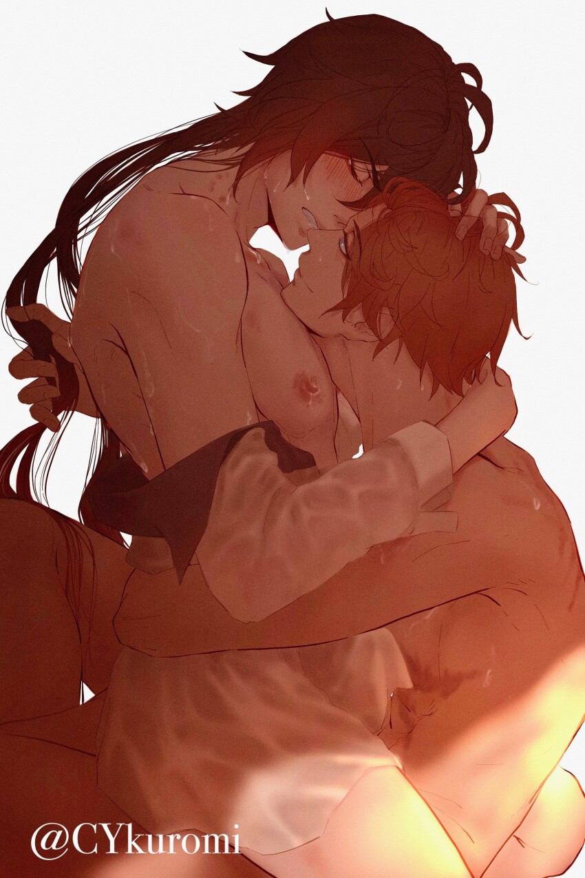 2boys absurdres arms_around_neck blush caressing_hair cowgirl_position cradling_head cykuromi genshin_impact hand_on_another&#039;s_head hickeys hickeys_on_neck highres multiple_boys nipples sex sitting sitting_on_lap sitting_on_person smile straddling sweat tartaglia_(genshin_impact) topless_male yaoi zhongli_(genshin_impact)