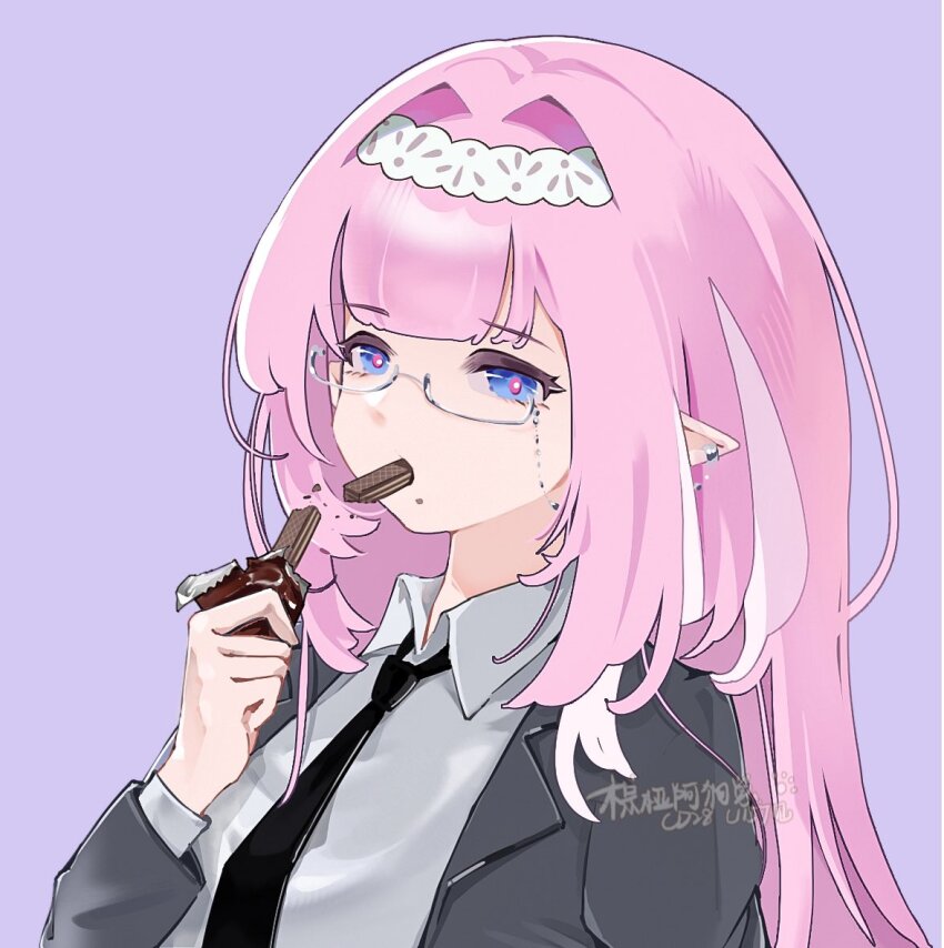 1girl black_jacket black_necktie blue_eyes elysia_(honkai_impact) food food_in_mouth hair_intakes hairband honkai_(series) honkai_impact_3rd jacket long_hair long_sleeves looking_at_viewer mouth_hold necktie open_clothes open_jacket pink_hair purple_background shirt simple_background solo thoyadoggy upper_body wafer white_hairband white_shirt