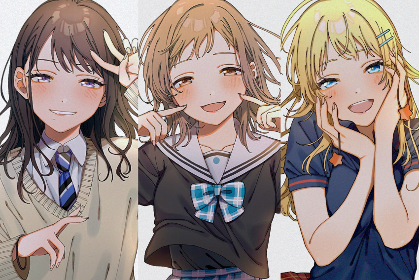 :d absurdres ahoge alternate_hairstyle black_shirt blonde_hair blouse blue_bow blue_bowtie blue_eyes blue_shirt blue_skirt blush bow bowtie bracelet brown_hair brown_sweater cardigan collarbone collared_shirt commentary_request diagonal-striped_clothes diagonal-striped_necktie dress_shirt finger_to_cheek fingernails floating_hair grey_background hachimiya_meguru hair_ornament hairpin hands_on_own_cheeks hands_on_own_face hands_up head_tilt highres idolmaster idolmaster_shiny_colors illumination_stars_(idolmaster) iwawa jewelry kazano_hiori long_fingernails long_hair long_sleeves looking_at_viewer medium_hair mole mole_under_mouth necktie open_mouth plaid_bow plaid_bowtie plaid_clothes plaid_skirt pleated_skirt pointing pointing_at_self purple_eyes red_skirt sailor_collar sakuragi_mano school_uniform scrunchie serafuku shirt short_sleeves simple_background skirt smile star_(symbol) star_hair_ornament striped_clothes striped_necktie sweater teeth unworn_scrunchie upper_body upper_teeth_only v white_shirt wind wind_lift