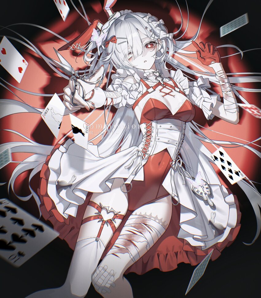 1girl absurdres animal_ears asymmetrical_sleeves bandaged_arm bandaged_leg bandages blood bloody_bandages bow breasts card choker choppy_bangs cleavage clock collar commentary_request commission corset covered_navel cuts fake_animal_ears frilled_collar frills garter_straps gloves hair_bow hair_intakes hair_ornament hairclip highres injury joker_(playing_card) leotard lying moduku multiple_hair_bows o-ring o-ring_choker on_back outstretched_arm parted_lips playing_card playing_card_theme reaching reaching_towards_viewer red_background red_bow red_eyes red_ribbon ribbon single_garter_strap single_glove single_thighhigh small_breasts solo spotlight thighhighs white_bow white_corset white_hair white_sleeves white_thighhighs