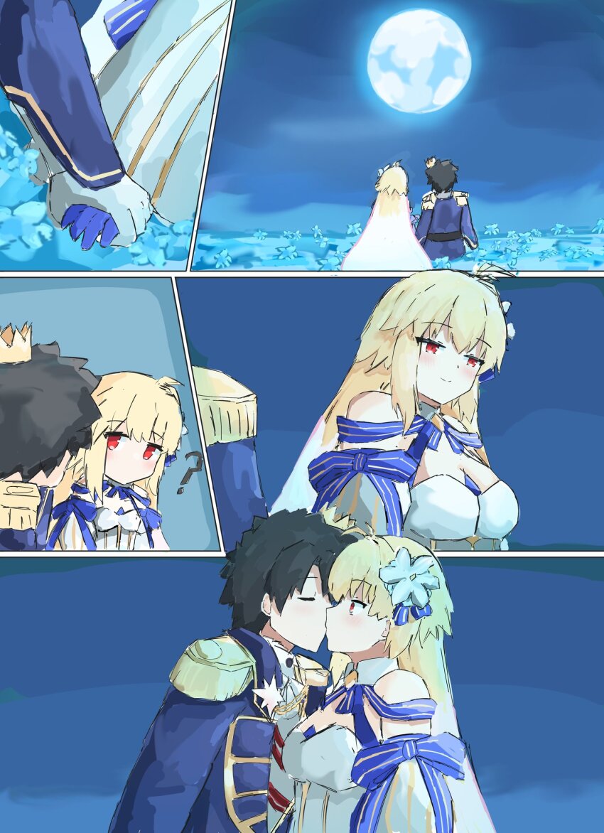 1boy 1girl ? ahoge antenna_hair archetype_earth archetype_earth_(third_ascension) arcueid_brunestud artist_request blonde_hair blush breasts crown dress fate/grand_order fate_(series) flower fujimaru_ritsuka_(male) fujimaru_ritsuka_(male)_(halloween_royalty) hair_flower hair_ornament hetero highres holding_hands kiss long_hair medium_breasts moon outdoors short_hair sitting smile spoken_question_mark tsukihime