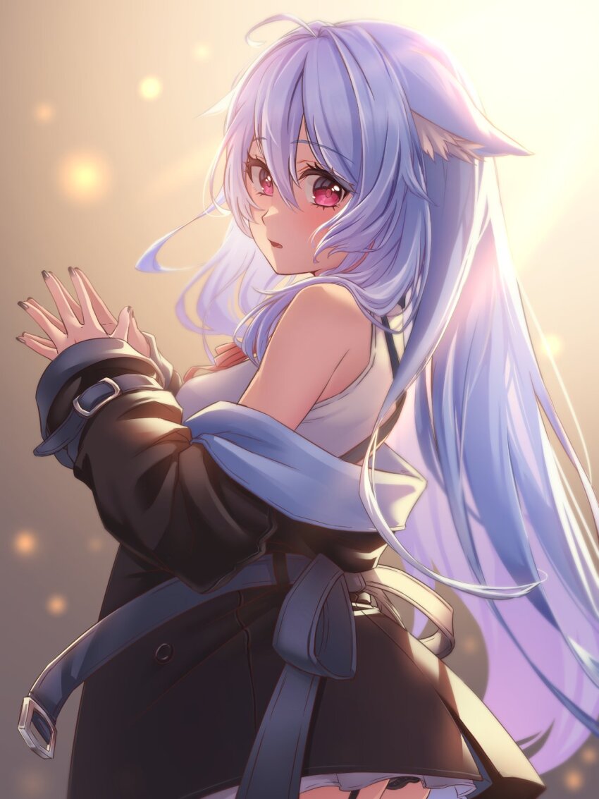 1girl ahoge animal_ear_fluff animal_ears ass backlighting bare_shoulders belt black_coat black_jacket black_nails black_panties black_thighhighs blue_hair blush breasts cat_ears coat cowboy_shot from_side garter_straps hair_between_eyes hands_up highres jacket kikyo_(vrchat) long_hair long_sleeves looking_at_viewer looking_back looking_to_the_side medium_breasts nail_polish off_shoulder open_clothes open_jacket open_mouth own_hands_together panties parted_lips red_eyes shirt skirt sleeveless sleeveless_shirt solo standing steepled_fingers thighhighs underwear usaho3go very_long_hair vrchat white_shirt