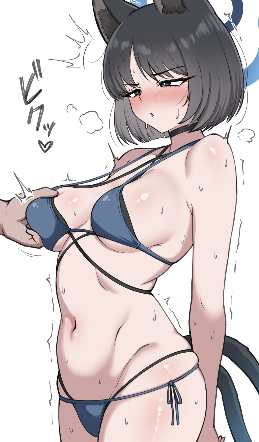 1girl 1other :o absurdres animal_ears bikini black_choker black_eyes black_hair blue_archive blue_bikini blue_halo blush breasts cat_ears cat_girl cat_tail choker commentary_request cowboy_shot grabbing_another&#039;s_breast groping halo highres kikyou_(blue_archive) kikyou_(swimsuit)_(blue_archive) kiteman442 medium_breasts multiple_tails navel official_alternate_costume short_hair simple_background stomach swimsuit tail thighs translation_request two_tails white_background