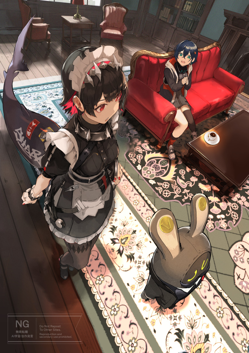 1other 2girls absurdres apron asymmetrical_legwear belle_(zenless_zone_zero) black_dress black_hair black_pantyhose blue_hair book bookshelf breasts butler_(zenless_zone_zero) carpet coffee couch cup dress ellen_joe fins fish_tail frilled_apron frilled_sleeves frilled_wrist_cuffs frills green_eyes hair_between_eyes hair_ornament high_heels highres holding jacket looking_at_another maid maid_apron maid_headdress medium_breasts multiple_girls nail_polish nashimisaki_futakotamagawa open_clothes open_jacket open_mouth pantyhose plate puffy_short_sleeves puffy_sleeves red_hair red_nails shark_girl shark_tail sharp_teeth short_sleeves table tail teeth wrist_cuffs zenless_zone_zero