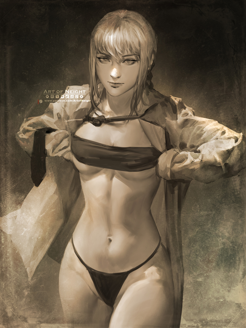 1girl art_of_neight black_necktie black_panties breasts chainsaw_man collared_shirt covering_privates covering_breasts highres holding_necktie looking_at_viewer makima_(chainsaw_man) medium_hair midriff monochrome necktie open_clothes panties sepia shirt sidelocks small_breasts smile solo twitter_logo underwear white_shirt