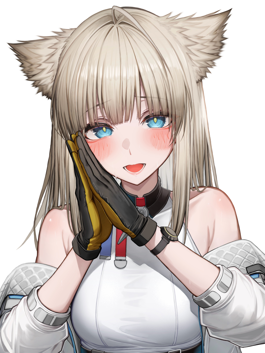 1girl absurdres animal_ears arknights arknights:_endfield bare_shoulders bird_ears bird_girl black_gloves blue_eyes blush breasts commentary_request dress gloves grey_hair highres jacket long_hair long_sleeves looking_at_viewer off_shoulder open_clothes open_jacket open_mouth own_hands_together partial_commentary perlica_(arknights) simple_background small_breasts solo tab_head two-sided_gloves upper_body white_background white_dress white_jacket yellow_gloves