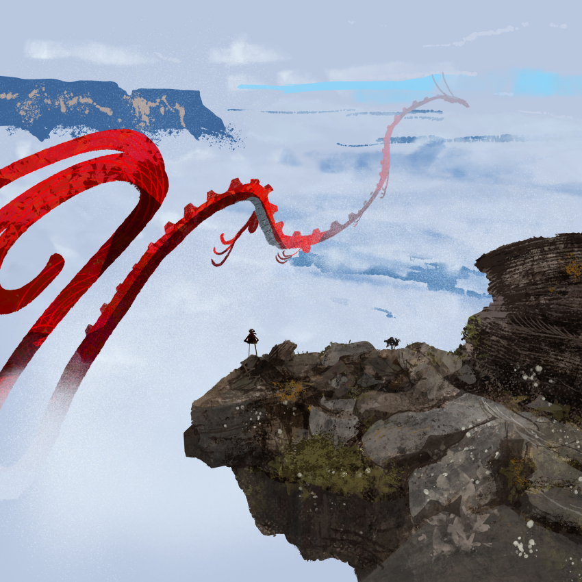 1other cloud cloudy_sky commentary day dragon flying fog gustavorinaldi highres landscape mountain original outdoors sky symbol-only_commentary