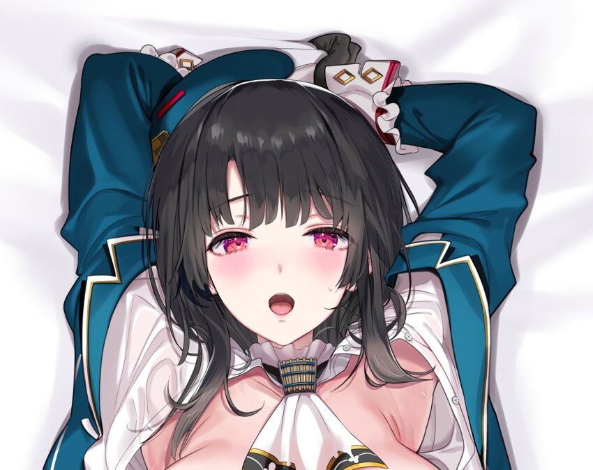 1girl arms_up ascot bed_sheet beret black_gloves black_hair blue_hat blush breasts dakimakura_(medium) gloves hat hayakawa_akari kantai_collection large_breasts long_sleeves looking_at_viewer lying military military_uniform on_back open_clothes open_mouth pink_eyes red_eyes sheet_grab solo sweat takao_(kancolle) upper_body