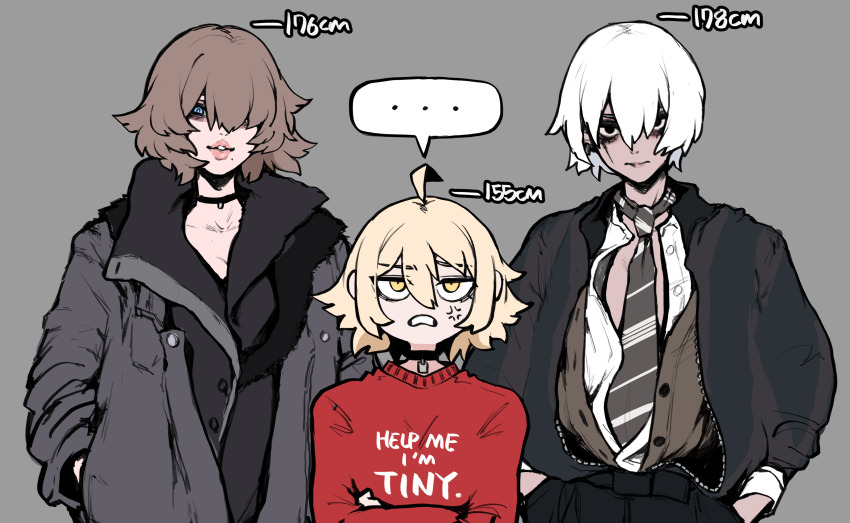 ... 3girls absurdres ahoge anger_vein angry black_choker black_eyes blonde_hair blue_eyes brown_hair choker chris_(ginseng) closed_mouth collarbone crossed_arms crusader_(ginseng) executioner_(ginseng) eyes_visible_through_hair fur-trimmed_jacket fur_trim ginseng_(xin) grey_background grey_jacket hair_between_eyes hair_over_one_eye hands_in_pockets height_conscious height_difference highres jacket mole mole_under_mouth multiple_girls necktie original parted_lips pink_lips red_sweater reverse_trap short_hair simple_background smile speech_bubble striped_necktie sweater white_hair yellow_eyes zipper