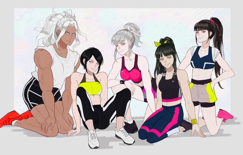 5girls abs alternate_costume beige_shorts black_bra black_footwear black_hair black_pants black_shorts blue_bra blue_eyes blue_pants bra breasts chabashira_tenko cleavage closed_mouth collarbone danganronpa:_trigger_happy_havoc danganronpa_(series) danganronpa_2:_goodbye_despair danganronpa_v3:_killing_harmony female_focus green_eyes grey_hair hand_tattoo hands_on_own_hips harukawa_maki highres ikusaba_mukuro kneeling large_breasts long_hair looking_at_viewer medium_hair multicolored_bra multicolored_pants multicolored_shorts multiple_girls muscular muscular_arms muscular_female muscular_legs ogami_sakura pants pekoyama_peko pink_bra pink_footwear pink_pants ponytail red_eyes red_footwear scar scar_on_face shirt shorts simple_background sitting sleeveless smile sports_bra sportswear spread_legs tank_top tattoo throttlee underwear white_background white_bra white_footwear white_hair white_shirt wristband yellow_bra