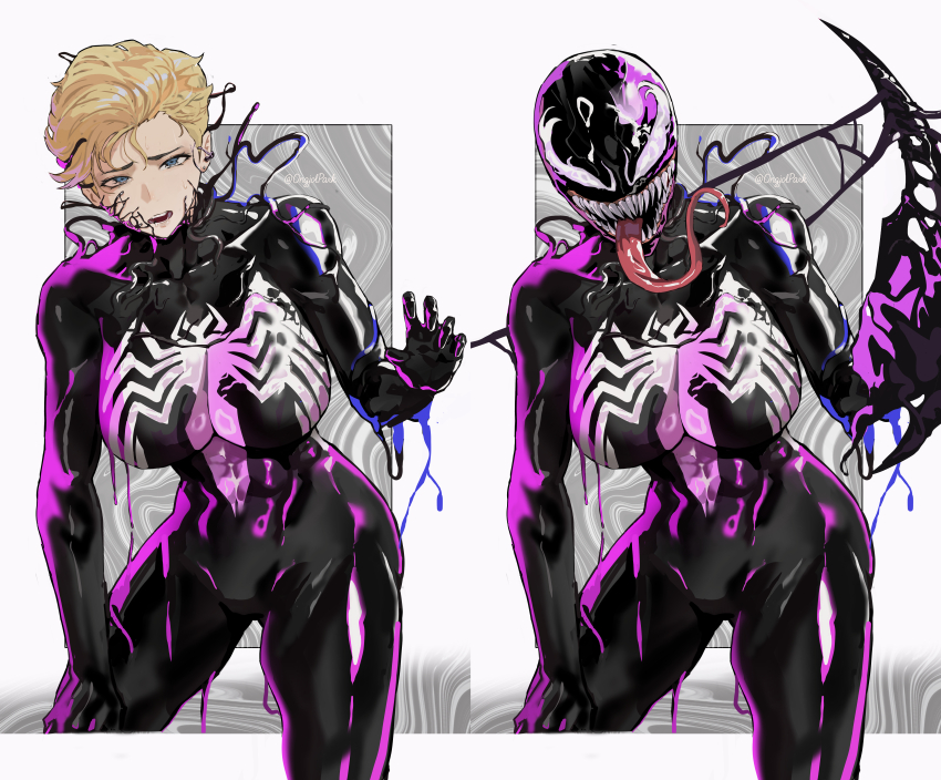1girl abs absurdres artist_name blonde_hair blue_eyes breasts commentary english_commentary highres large_breasts long_tongue marvel open_mouth park_ongjol sharp_teeth she-venom solo spider-man_(series) symbiote teeth tongue tongue_out venom_(marvel)